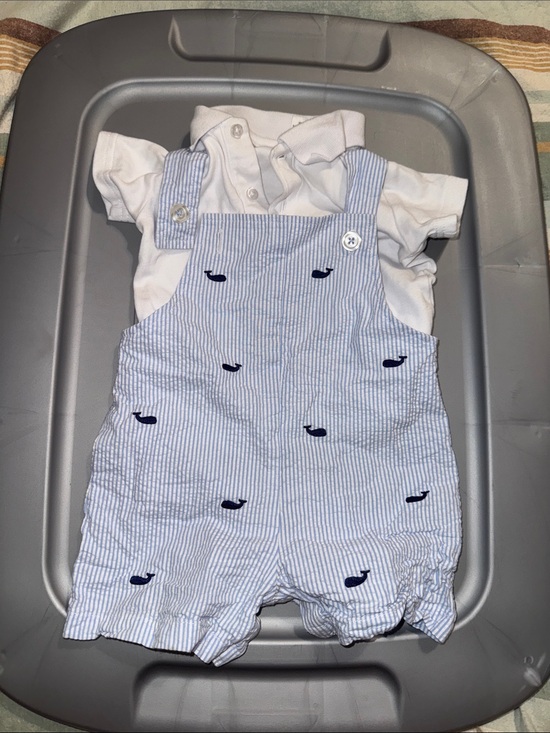 Starting Out Other - Starting Out Light Blue & White Seersucker Whale Overalls